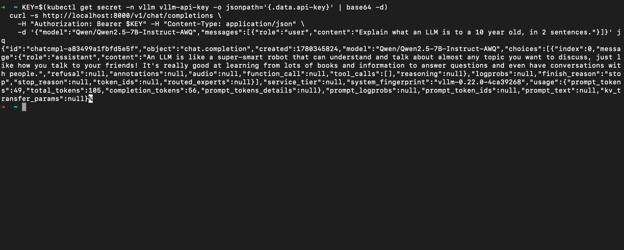 A live chat completion returned by the self-hosted model
