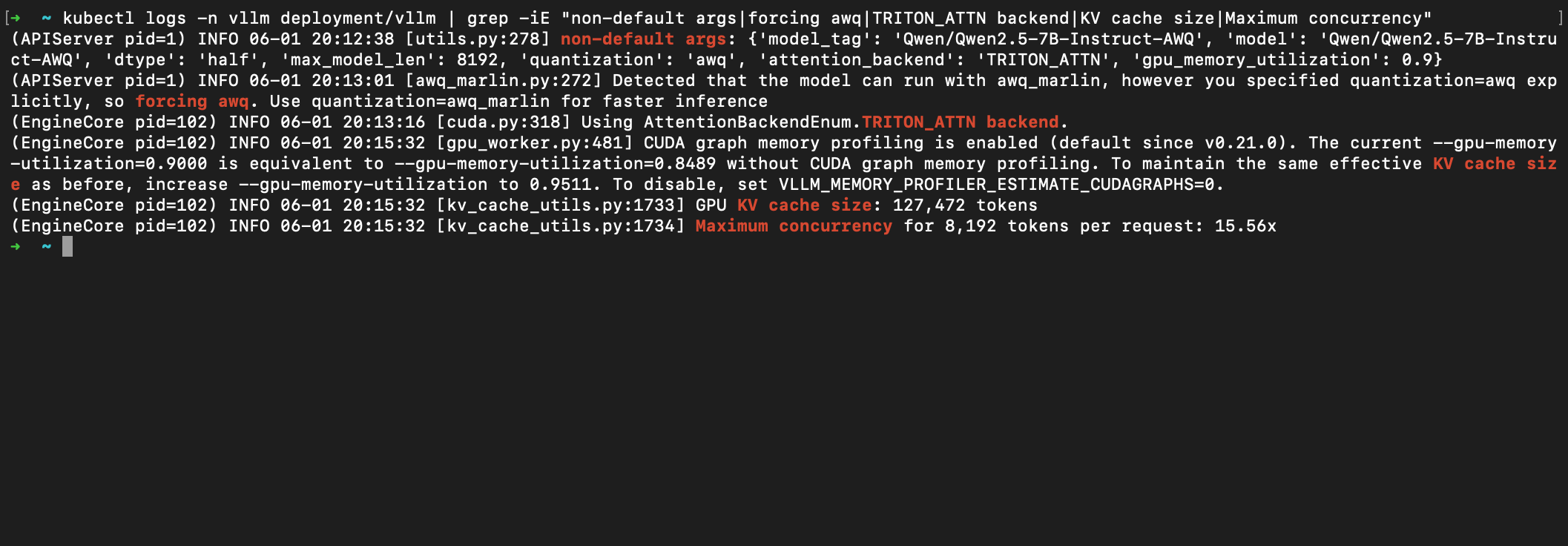 vLLM startup logs showing dtype half, forced awq, the TRITON_ATTN backend, and the resulting KV cache size
